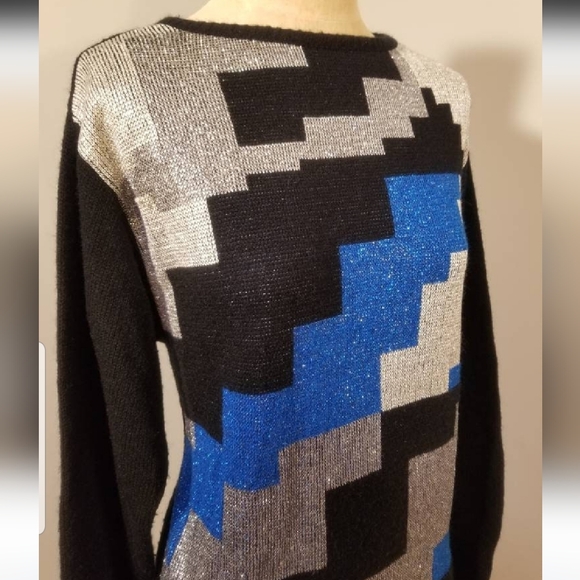 VINTAGE GEOMETRIC SWEATER 80S METALLIC MADEMOISELLE RETRO FALL WINTER 70S BLOCKS - Picture 3 of 12